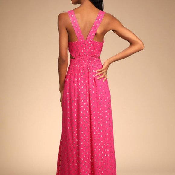 NEW Lulus Magenta Pink Sleeveless Polka Dot Cutout Maxi Tiered Dress Size Medium - Picture 10 of 11